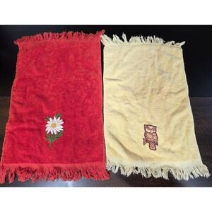 Vintage Towels Owl Flower Hand Kitchen Bath Dundee Fine Fashion Red Yellow Lot 2